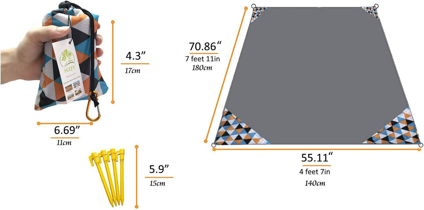 Outdoor Blanket (71" x 55") -Compact, Lightweight, Sand Proof Pocket Blanket Best Mat for The Beach, Hiking, Travel, Camping, Festivals with Pockets, Loops, Stakes, Carabiner