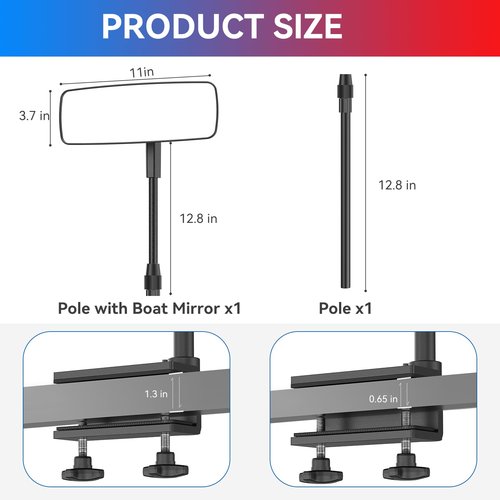 Tewgug Boat Mirror, Upgraded Pontoon Boat Rear View Mirror with Telescopic Pole & Heavy Duty Bracket,Wide Angle Adjustable Marine Rear View Mirror for Pontoon Boat Ski Boats Water Skiing