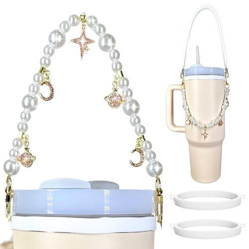 Koicarelife Pearl Cup Strap for Stanley, Silicone Water Bottle Handle, Bling Cup Charm for Stanley Fits Most 8-40 oz Bottles Stanley Accessories (White)