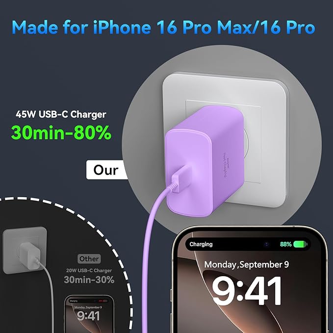 Phone 16 Pro Max Charger Fast Charging, 45W Super Fast USB C Charger Block with 6.6FT Long Charging Cord Cable for Phone 16 Pro Max/16 Pro/16/16 Plus,15 Pro Max/15 Pro/15,Android Phone-Purple