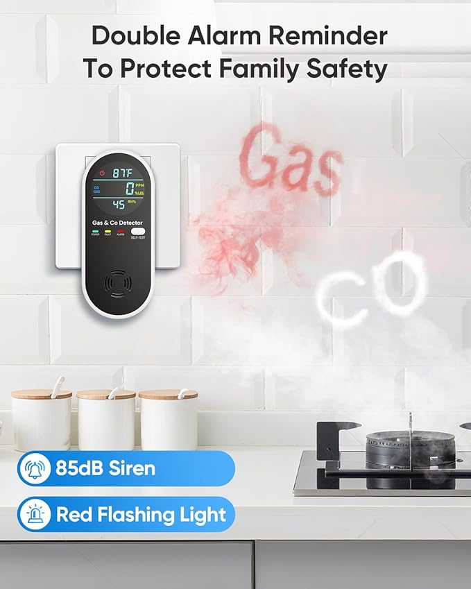 Carbon Monoxide Detectors & Natural Gas Detector, 4-in-1 Carbon Monoxide Detectors Plug in, Gas Leak Detector with Dual Alarms, Temperature & Humidity Sensor for Home, RV Essentials, Black, 1 Pack