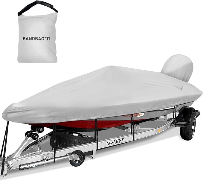 Boat Cover 14-15.8ft, Bass Tracker Boat Cover with Sand Bag Mooring Kit, 1200D Marine Canvas Waterproof Heavy Duty Boat Covers for 14 feet 15ft 16' V Hull Bass & Runabout Boat,Gray