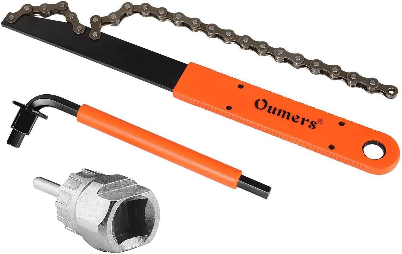Oumers Bike Cassette Removal Tool, Cassette Freewheel Removal Tool with Chain Whip and Auxiliary Wrench Bicycle Cassette Lock Ring Extractor, Freewheel Remover Wrench Sprocket Remover