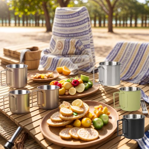 Wsaikis Camping Cups with Folding Handles, Camping Mugs Set of 2,Camping Coffee Mugs, Stainless Steel Camping Mugs,Portable 12oz Camping Cup for Outdoor Picnic Hiking Backpacking (Silver)