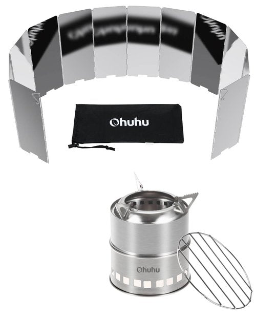 Ohuhu Wood Burning Camp Stoves + 12 Plates Camp Stove Windscreen for Camping Picnic, Backpacking, Cooking