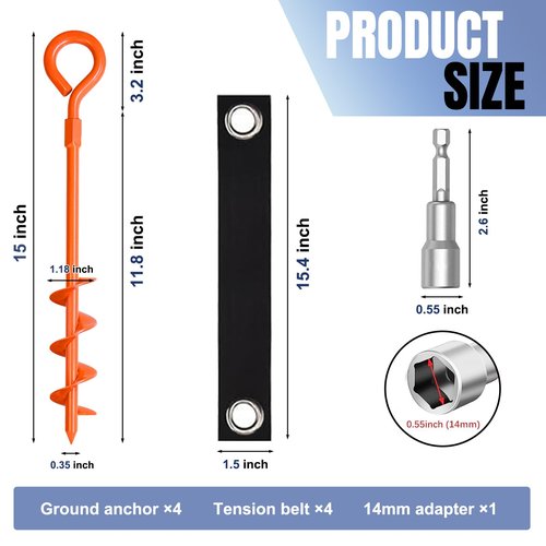 Eurmax USA Trampoline Stakes Screw in Tent Stakes Parts Heavy Duty for Canopies,4-Pack Outdoor Anchor Kit with Straps(Orange)