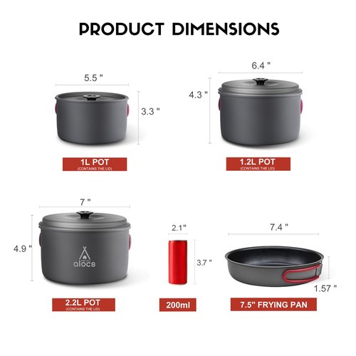 Alocs Compact Camping Cookware Set - Durable Hard Alumina Pots and Pans with Kettle, Ideal for Backpacking, Hiking, Picnic, Includes Mesh Carry Bag