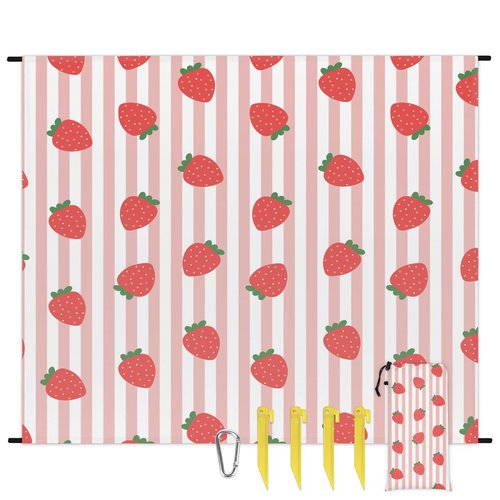 Eativisa Strawberry Strip Lightweight Beach Blanket Waterproof Sandproof 59"X68" Sand Free Beach Mat with 4 Stakes Compact Outdoor Blanket for Beach Quick Drying Picnic Mat for Travel Camping