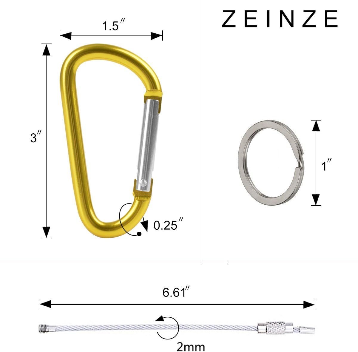 ZEINZE Carabiner Clip 3" Aluminum D-Ring Spring Loaded Gate Small Keychain Carabiners Clip Set for Outdoor Camping Mini Lock Hooks Spring Snap Link Key Chain Durable Improved Design 8 Pack