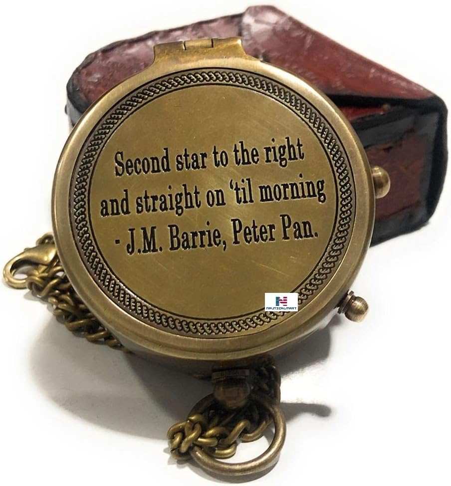 Second Star to The Right J. M. Barrie, Peter Pan Engraved Brass Compass Directional Compass Magnetic Pocket Personalized Gift for Camping, Hiking and Touring