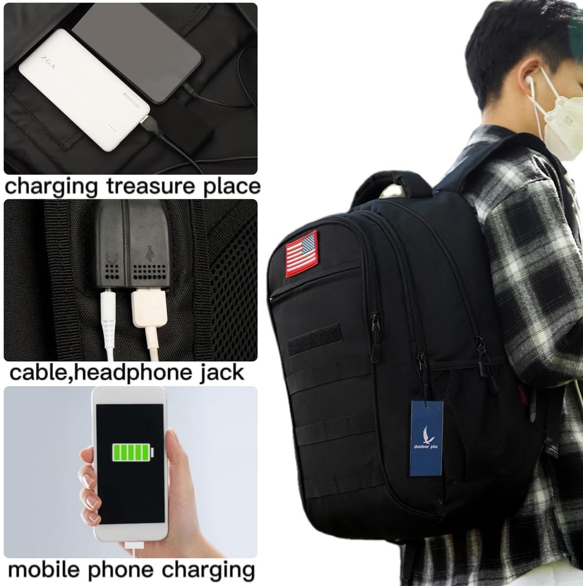 outdoor plus Camo Backpack,Military Boys Backpacks for School,40L Army Bookbag with USB Charging Port Waterproof