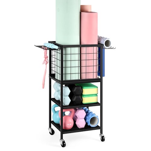 ETELI Weight Dumbbells Rack for Home Gym Yoga Mat Storage Rack Cart Small Metal Wood Home Gym Workout Equipment Storage with Hooks for Block Foam Rollers Resistance Bands, Black