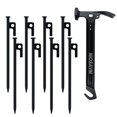 NIOSAVM Heavy Duty Tent Stakes with Hammer - 8pcs 9.8" Carbon Steel Camping Stakes & 11" Mallet, Windproof Stakes for Beach/Rocky Ground, Includes Storage Bag & Anti-Rust Protective Caps