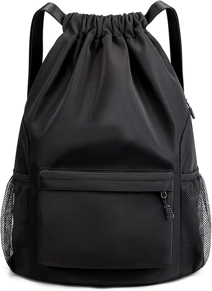 Sports Drawstring Backpack String Swimming Gym Bag Backpack with Shoes Compartment and Pocket for Men Women (black)