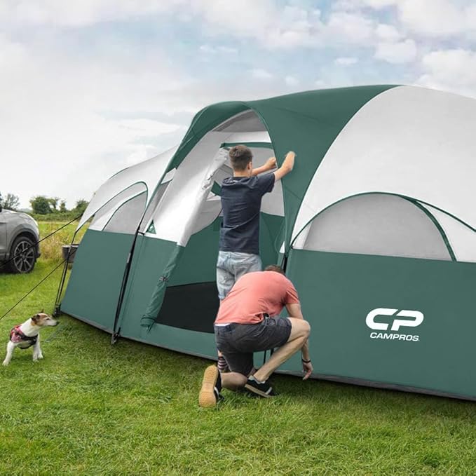 CAMPROS CP Tent 8 Person Camping Tents, Weather Resistant Family Tent, 5 Large Mesh Windows, Double Layer, Divided Curtain for Separated Room, Portable with Carry Bag