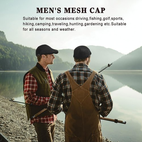 Xinveen Men's Mesh Cap Breathable Summer Newsboy Hat Adjustable Beret Ivy Cap Irish Cabbie Driving Hunting Hats Black