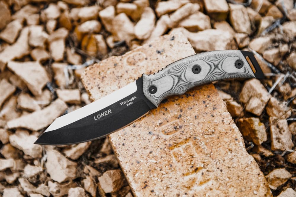 Tops Knives Loner Full Tang Fixed Blade- Black kydex Sheath w/Rotating Spring Steel clip (Black Linen Micarta)
