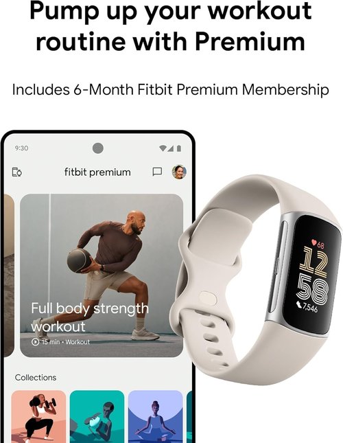 Fitbit Charge 6 Fitness Tracker Smartwatch with Heart Rate, GPS, Health Tools - Fit Bit Smart Watch for Men and Women - Porcelain/Silver Bundle with Cleaning Cloth and Charger