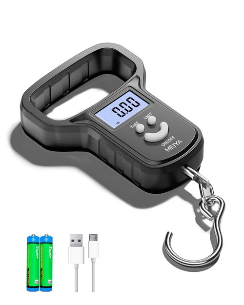 MEIYA Fish Scale/Fishing Scale: Dual Power (Battery/Rechargeable), Extra Wide Handle, Backlit LCD Display, Includes 2 AAA Batteries&USB-C Charging Cable, Fishing Gifts for Men (Black)