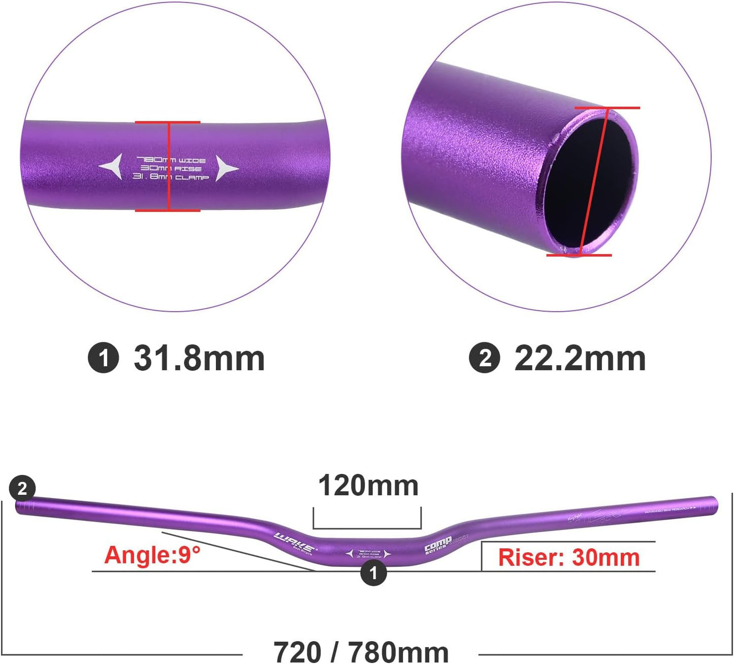 Wake Bicycle Handlebars 31.8 mm Mountain Bike Handlebar 720mm/780mm Aluminium Alloy MTB Handlebar Bicycle Riser Bars Extra Long Bicycle Handlebars for Downhill Cycling Racing