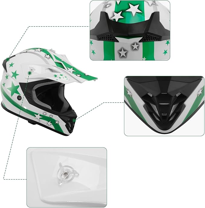 TCT-MOTORPARTS DOT Youth Kids Helmets Motocross ATV Helmets Offroad Street Dirt Bike Go-Kart BMX MX Full Face Helmet White w/Green Star Medium Size
