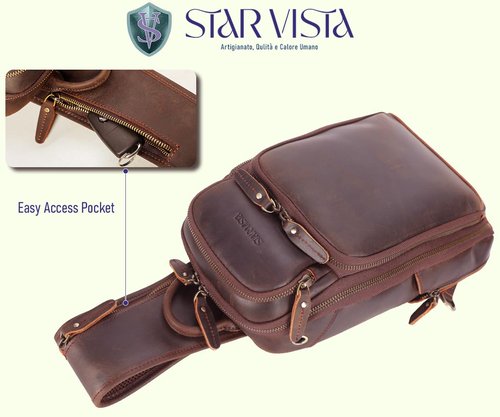 STAR VISTA Caracalla Full Grain Leather Sling Bag, Crossbody Chest Bag, Minimalist Design, Casual Daypack, YKK Zippers (Small (11" Tablet))
