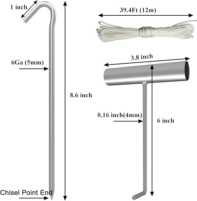 AAGUT 9 Inch Metal Camping Tent Stakes and Ties, 25 Pack Hooked Ground Stakes for Christmas Decorations, Canopy Tent Pegs for Trap, Inflatable Stakes with Tethers and T Hook