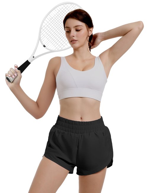 Womens Athletic Running Shorts Quick Dry Workout High Waisted Active Short with Zipper Pocket Sport Layer Gym Liner Elastic Lightweight Yoga Soft Split Leg Casual Walking Outfits Fall Black