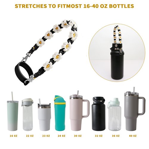 Wohoyee Water Bottle Handle Strap with Lipstick Holder, Silicone Straw Covers, Mini Cup Keychain Compatible with Flask & Stanley Cup Fits Most 16-40oz Water Bottle (Black)