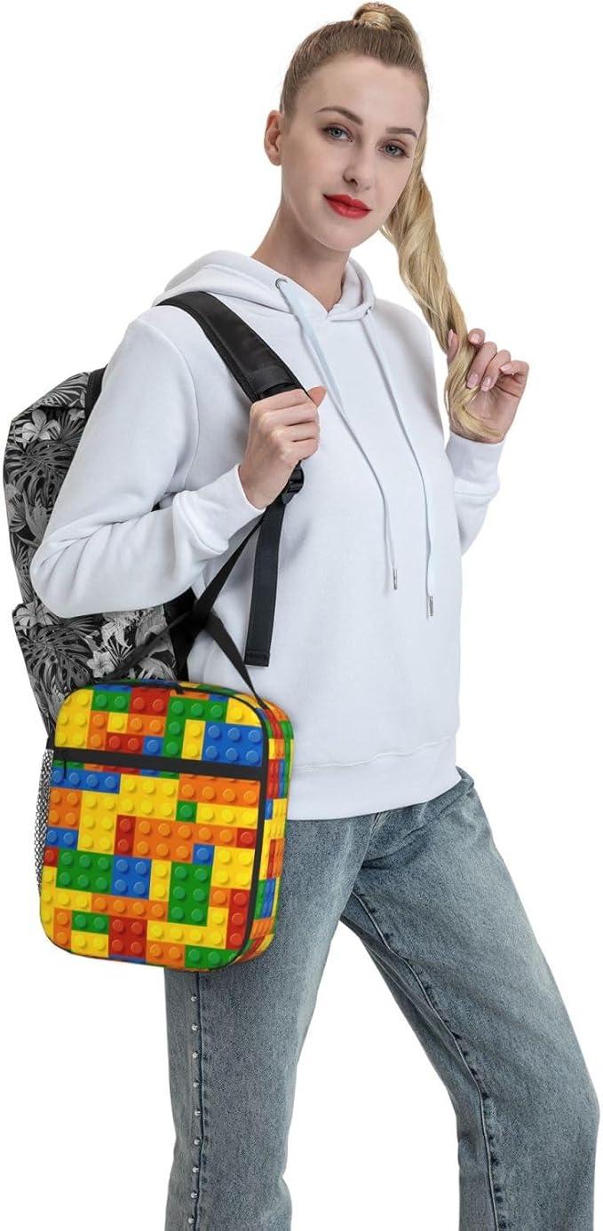 Fun Blocks Colorful Insulated Lunch Bag Reusable Cooler Lunch Box Portable Leakproof Thermal Container Tote Bags for Girls Boys School Travel