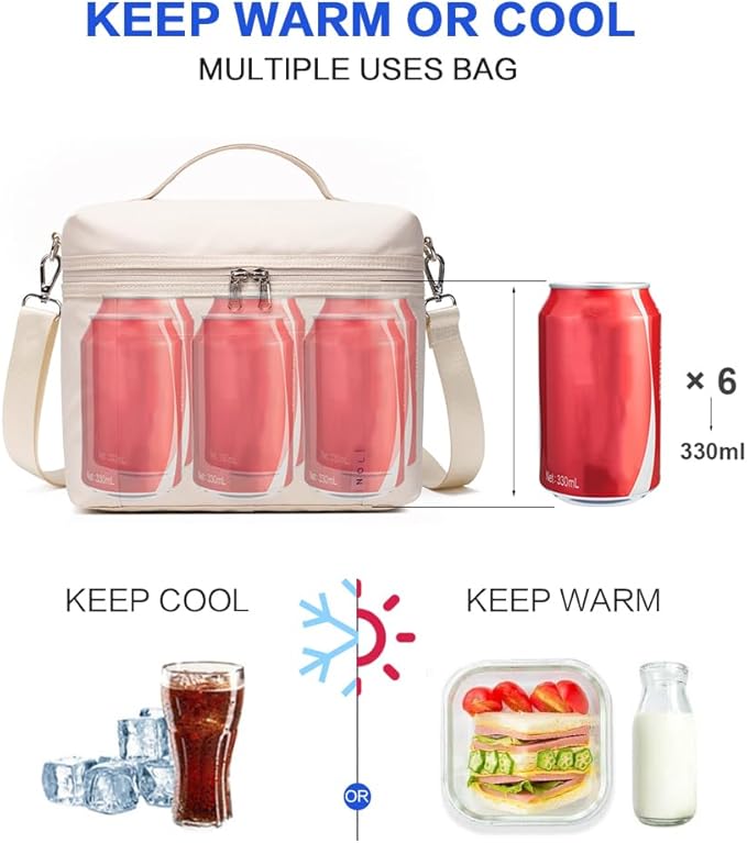 NOL Natural Organic Lifestyle Insulated Lunch Bags for Women Cooler Bag Lightweight Nylon Waterproof Lunch Box For Work (Small, Cream)