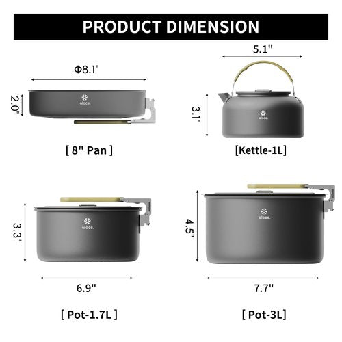 Alocs Portable Camping Cookware - Upgraded Handle, Non-Stick Camping Pan Set for Outdoor Kitchen, Picnic, Hiking and Fishing