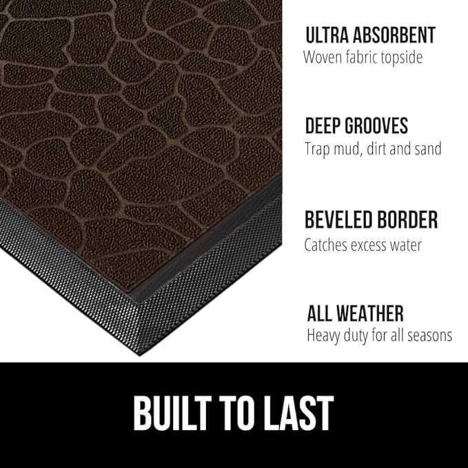 GORILLA GRIP 100% Waterproof All-Season WeatherMax Doormat, Durable Natural Rubber, Stain and Fade Resistant, Low Profile, Indoor Outdoor Door Mats, Easy Clean Entrance Mat, 17x29, Dark Brown Pebble