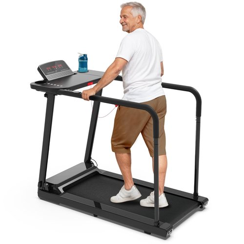 Redliro Treadmill for Seniors with Long Handrails - Flat 0% Incline Recovery Walking Treadmill with Desk, Cup Holder & Wheels - 300 lbs Capacity for Home Exercise