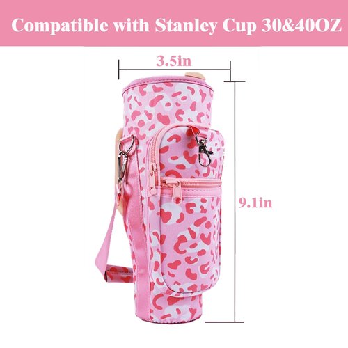 MENGSOOD Water Bottle Carrier Bag with Phone Pocket for Stanley 30 oz Tumbler with Handle,Pink leopard Water Bottle Holder with Adjustable Strap Compatible with Stanley Cup Accessories (Leopard Pink)