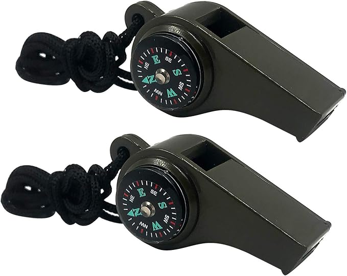 2 Pack Emergency Survival Whistle, 3-in-1 Emergency Whistles with Compass and Thermometer, Loud Safety Whistle with Lanyard for Outdoor Hiking