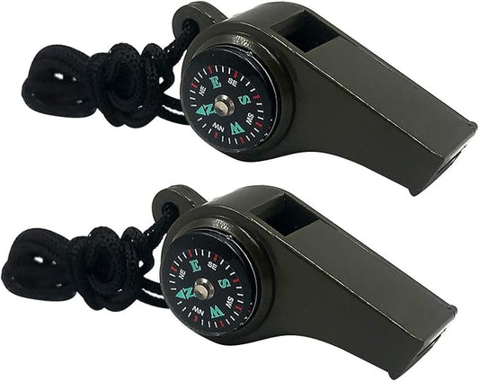 2 Pack Emergency Survival Whistle, 3-in-1 Emergency Whistles with Compass and Thermometer, Loud Safety Whistle with Lanyard for Outdoor Hiking