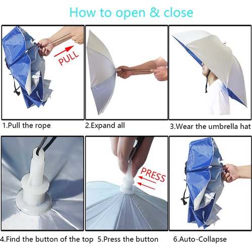 Bocampty Umbrella Hat, 37 inch Fishing Umbrella Hat Hands Free Foldable UV Protection Fishing Cap Adjustable Headwear