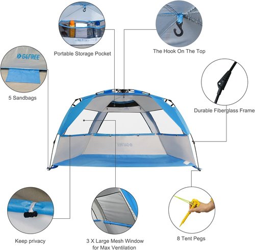 G4Free Easy Set up Beach Tent Deluxe XL, Pop up Sun Shelter for 3-4 Persons with UPF 50+ Protection Beach Shade with Extended Floor