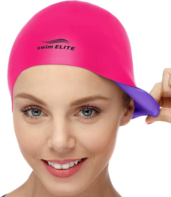 Reversible Silicone Swim Cap, Waterproof 2-in-1 Swimming Caps for Men and Women with Carry Bag, Flexible Adult Swimmers Cap for Short and Medium Length Hair