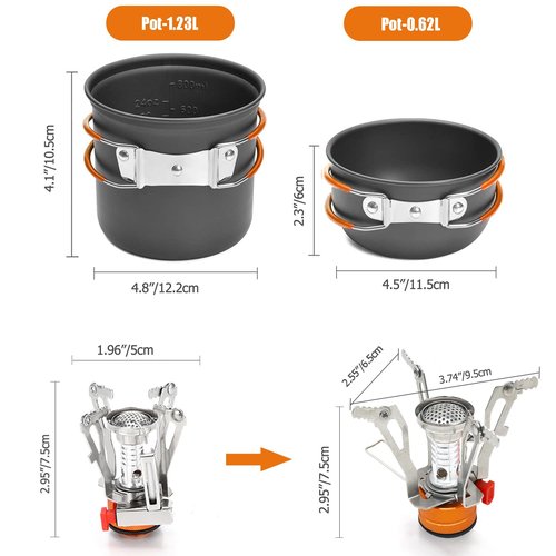 Quirkmyn 3PCS Camping Cookware Mess Kit with Lightweight Pot Mini Camp Stove and Carry Mesh Bag, Great for Backpacking Outdoor Camping, Hiking, Campfire and Picnic(Orange)