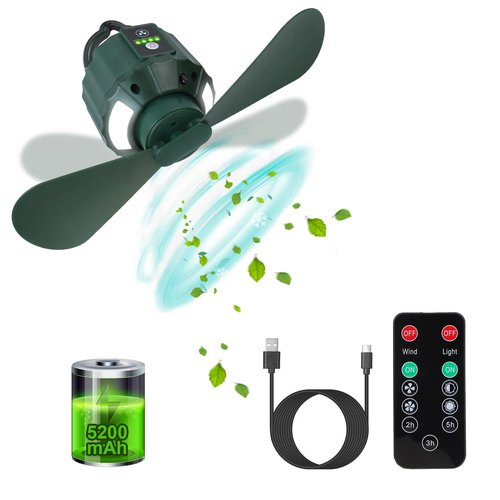 Tent Ceiling Fan for Camping,5200mAh USB Battery Operated Portable Camping Fan Hanging Tent Lantern Fan with 3 LED Light Brightness 3 Fan Speed Smart Timer Remote Control for Outdoor Tent Canopy,RV