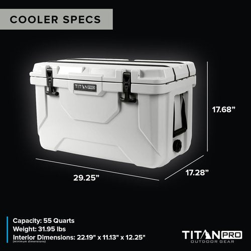 Titan PRO High Performance Ice Chest - 55 Quart Capacity - Hard Cooler with Interior LED Light, Dry Bin, Ice Saver Performance Booster and Microban Protection - Arctic White
