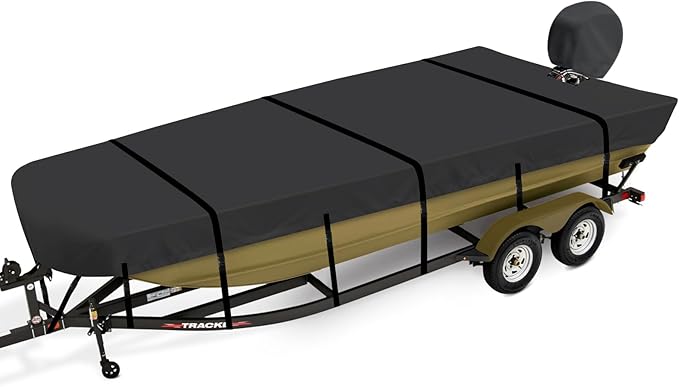 Jon Boat Cover 14 ft, 900D Heavy Duty Trailerable Waterproof Jon Boat Cover 14 Foot with Motor Cover, Marine Grade Canvas,Black
