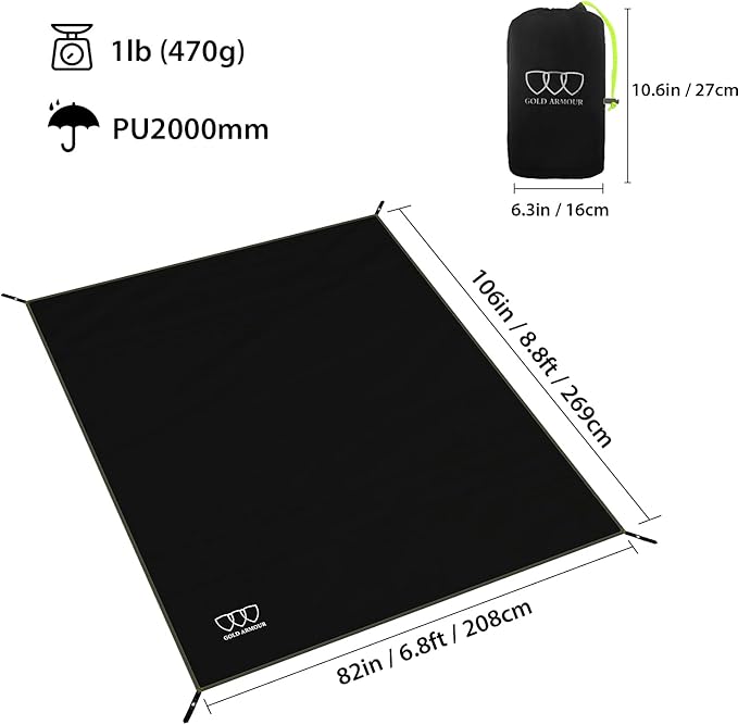 Gold Armour Tent Footprint, Camping Tarp Waterproof Ultralight - 84x60in | 84x84in | 84x96in | 82x106in | 120x108in | 120x120in | 120x144in Floor and Ground Tarps for Camping Hiking (Black 82x106in)