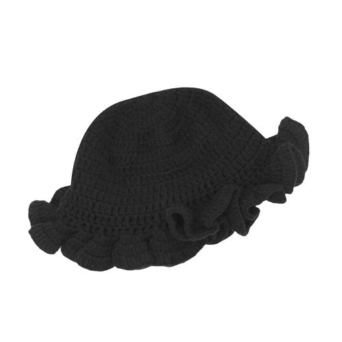 Eilova Orityle Women Crochet Bucket Hat Cute Winter Ruffled Brim Floppy Cap Handmade Knit Cloche Hats Cute Boho Beanie Skull Caps Black