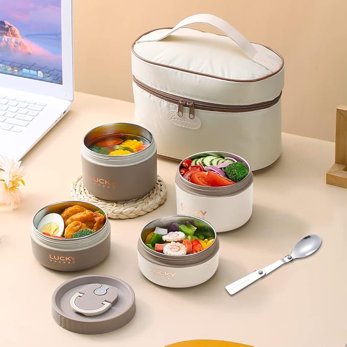 YBOBK HOME Thermal Bento Lunch Box, Portable Insulated Lunch Container For Kid Aldult To School Work, Keep Food Warm Stainless Steel Lunch Box With Bag, Induction Cooker & Microwave Safe (Beige 34oz)
