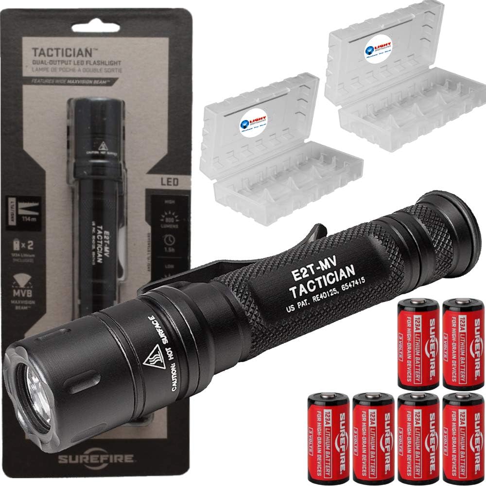 SureFire Tactician 800 Lumen Tactical EDC Flashlight Bundle with 6 Extra CR123A Batteries and 2 Lightjunction Battery Cases