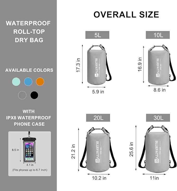 Waterproof Dry Bag Floating Dry Sack Roll Top Dry Backpack for Kayaking, Rafting, Boating, SUP, Fishing with IPX8 Waterproof Phone Case, Grey, 20L