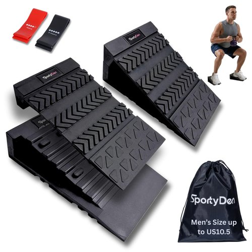 SPORTYDEN Squat Wedge Block Non-Slip Rubber, 3 Adjustable Angles, [Men up to US10.5] 6Pcs Set for Heel Elevated Squat, Calf Raises Ramp, Weight Lift & Stretch, Includes 2 Bands & a Storage Bag.